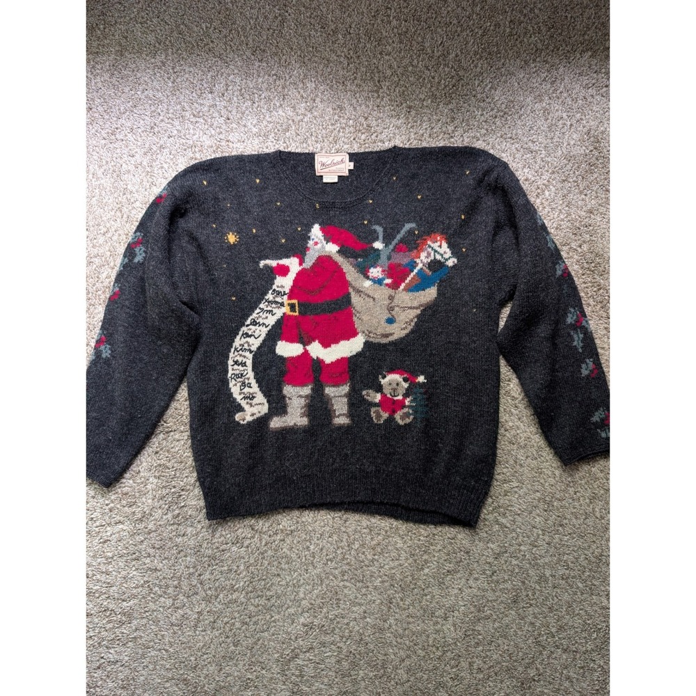 Woolrich Christmas Sweater Women M Grey Santa Intarsia Vintage 90s Holiday